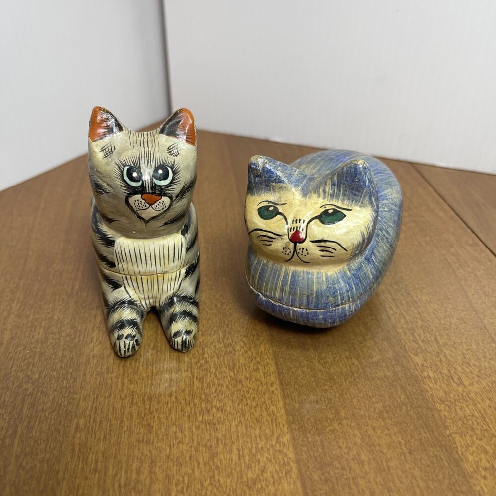 Lacquered Paper Mache Trinket Box Set Of 2 Tabby Cats Hand Painted India